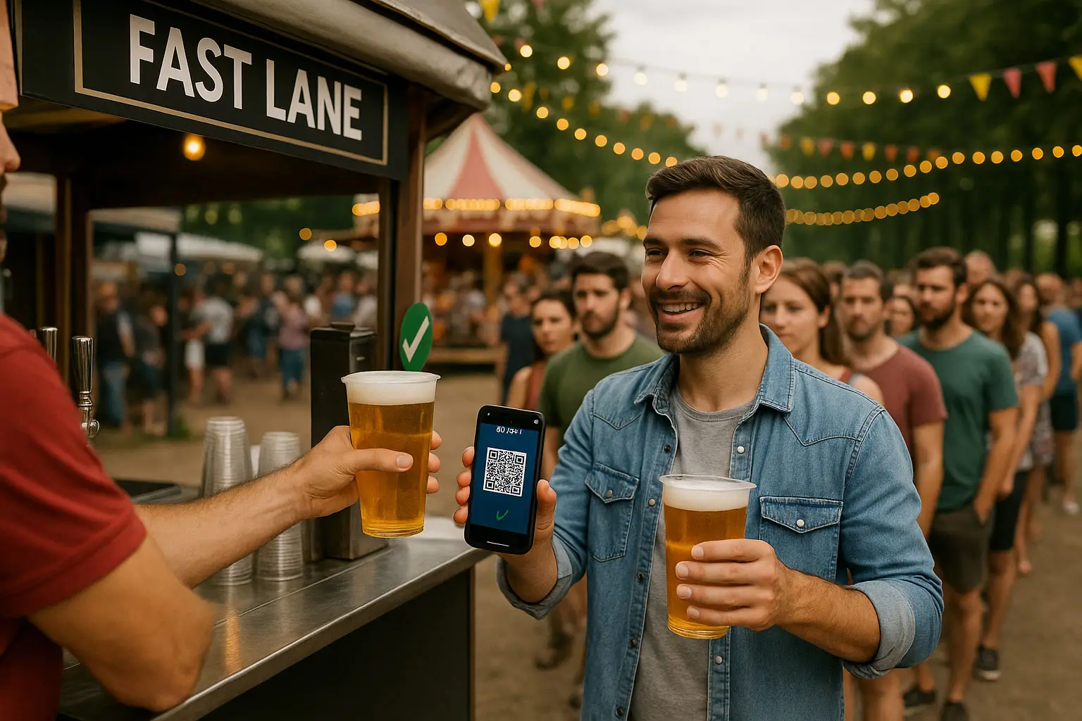 Mann kauft ein Getränke auf einem Volksfest und bezahlt per Goozen über einen QR Code.